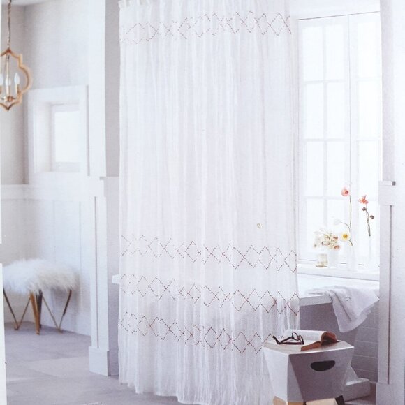 Threshold Fabric Shower Curtain 72x72 Smocked ZigZag Orange White - Picture 3 of 3